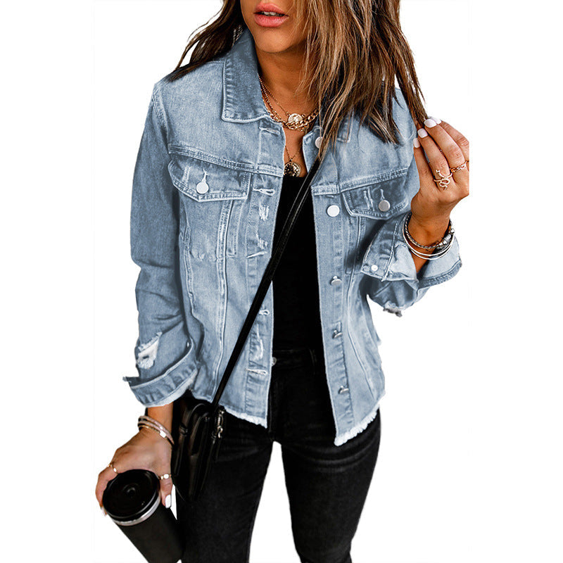 Denim Jacket Women's Distressed Frayed Hem Button-Up Green – Casual, Office, Holiday, Gift