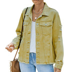 Denim Jacket Women's Distressed Frayed Hem Button-Up Green – Casual, Office, Holiday, Gift