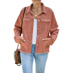 Denim Jacket Women's Distressed Frayed Hem Button-Up Green – Casual, Office, Holiday, Gift
