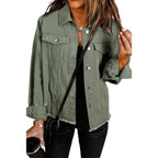 Denim Jacket Women's Distressed Frayed Hem Button-Up Green – Casual, Office, Holiday, Gift
