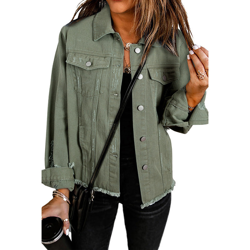 Denim Jacket Women's Distressed Frayed Hem Button-Up Green – Casual, Office, Holiday, Gift