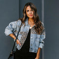 Denim Jacket Women's Leopard Print Distressed Button-Up – Casual, Everyday · Faylori
