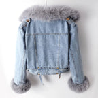 Denim Jacket Women's with Faux Fur Collar and Cuffs Cropped – Casual, Winter, Office, Gift