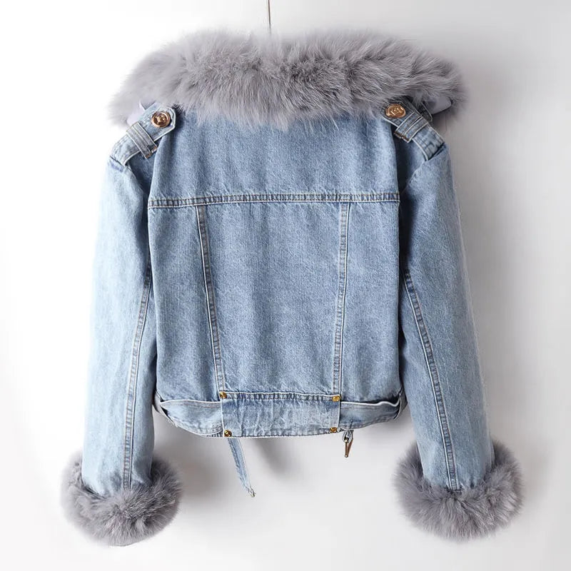 Denim Jacket Women's with Faux Fur Collar and Cuffs Cropped – Casual, Winter, Office, Gift