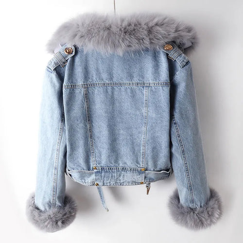 Denim Jacket Women's with Faux Fur Collar and Cuffs Cropped – Casual, Winter, Office, Gift