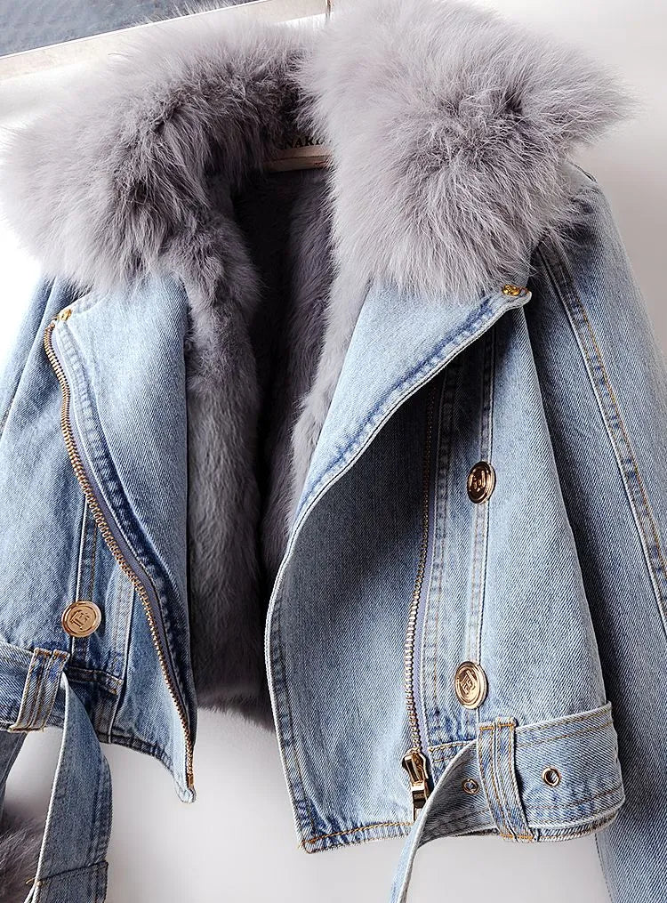 Denim Jacket Women's with Faux Fur Collar and Cuffs Cropped – Casual, Winter, Office, Gift