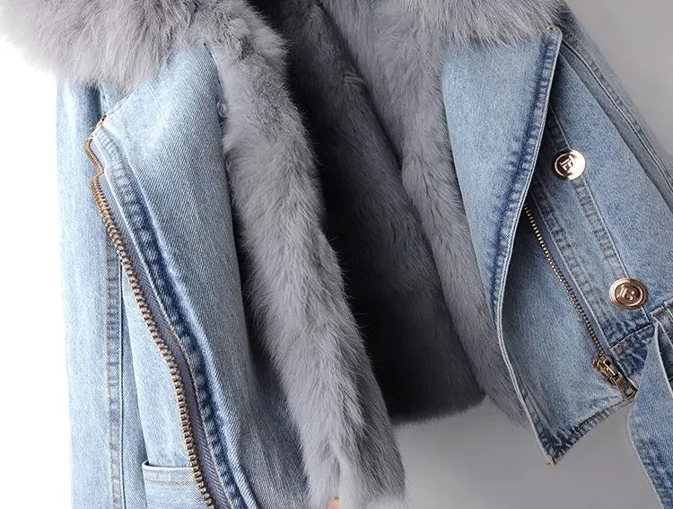 Denim Jacket Women's with Faux Fur Collar and Cuffs Cropped – Casual, Winter, Office, Gift