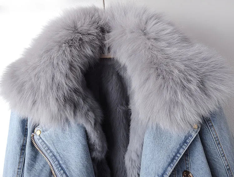 Denim Jacket Women's with Faux Fur Collar and Cuffs Cropped – Casual, Winter, Office, Gift