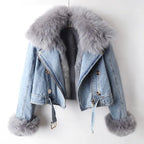 Denim Jacket Women's with Faux Fur Collar and Cuffs Cropped – Casual, Winter, Office, Gift