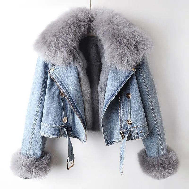 Denim Jacket Women's with Faux Fur Collar and Cuffs Cropped – Casual, Winter, Office, Gift