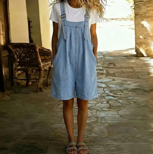 Denim Short Overalls Light Blue Cotton Women's with Pockets – Casual, Summer Adjustable Straps Romper