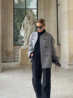 Double-Breasted Blazer Coat Women's Loose Fit Stand Collar Jacket – Office, Casual, Gift