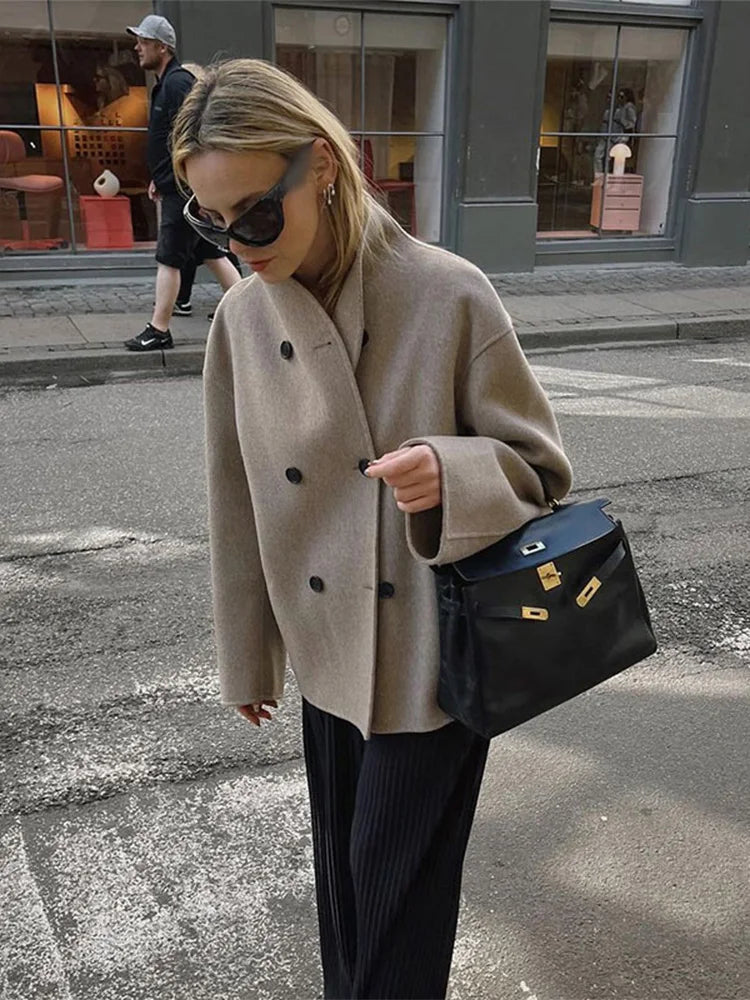 Double-Breasted Blazer Coat Women's Loose Fit Stand Collar Jacket – Office, Casual, Gift