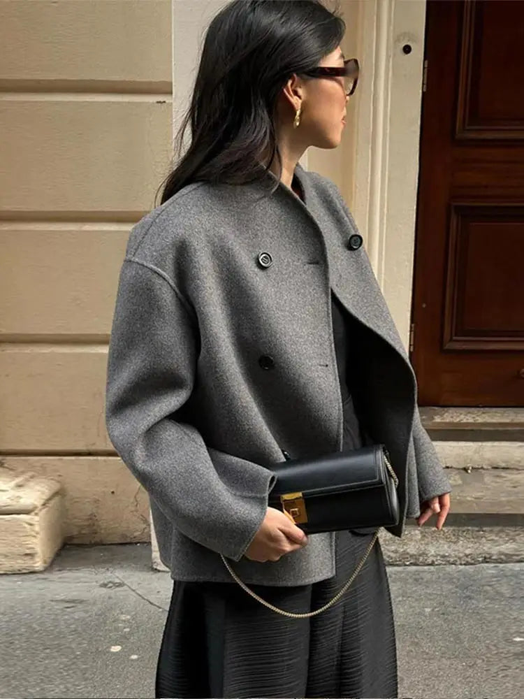 Double-Breasted Blazer Coat Women's Loose Fit Stand Collar Jacket – Office, Casual, Gift