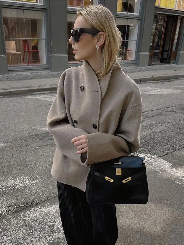 Double-Breasted Blazer Coat Women's Loose Fit Stand Collar Jacket – Office, Casual, Gift