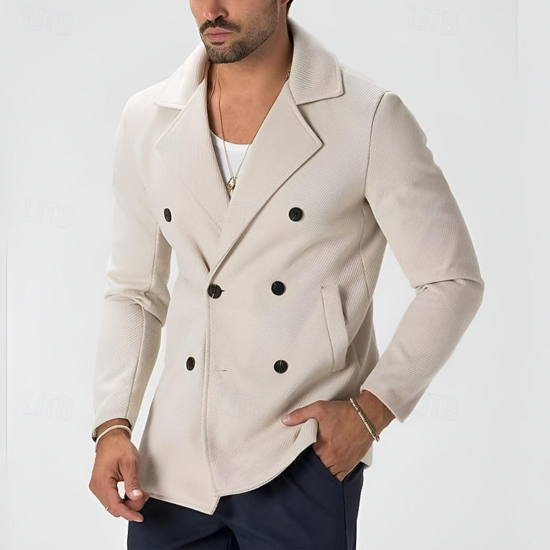 Double-Breasted Coat Men's Beige Notch Lapel Tailored Jacket – Casual, Office, Gift