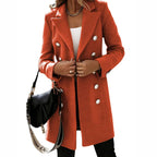 Double-Breasted Coat Women's Long Wool-Blend Lapel Collar Grey Overcoat – Office, Casual, Winter, Gift