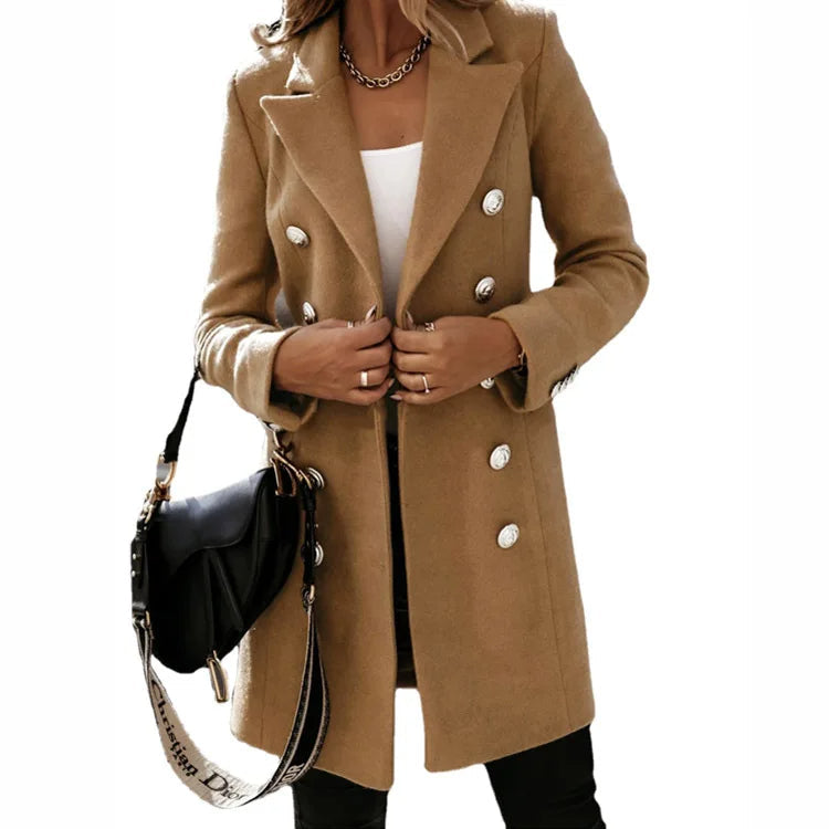 Double-Breasted Coat Women's Long Wool-Blend Lapel Collar Grey Overcoat – Office, Casual, Winter, Gift