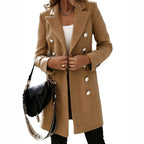 Double-Breasted Coat Women's Long Wool-Blend Lapel Collar Grey Overcoat – Office, Casual, Winter, Gift