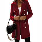 Double-Breasted Coat Women's Long Wool-Blend Lapel Collar Grey Overcoat – Office, Casual, Winter, Gift