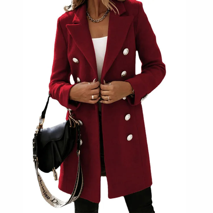 Double-Breasted Coat Women's Long Wool-Blend Lapel Collar Grey Overcoat – Office, Casual, Winter, Gift