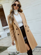 Double-Breasted Coat Women's Mid-Length Lapel Overcoat Camel – Office, Casual, Winter Outerwear Gift