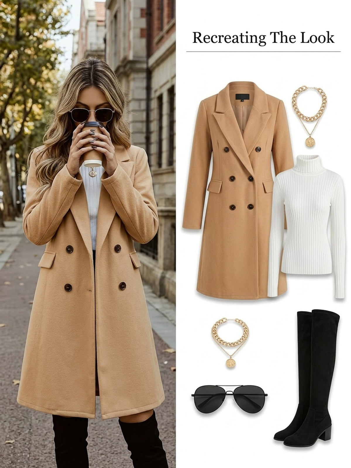 Double-Breasted Coat Women's Mid-Length Lapel Overcoat Camel – Office, Casual, Winter Outerwear Gift