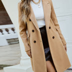 Double-Breasted Coat Women's Mid-Length Lapel Overcoat Camel – Office, Casual, Winter Outerwear Gift