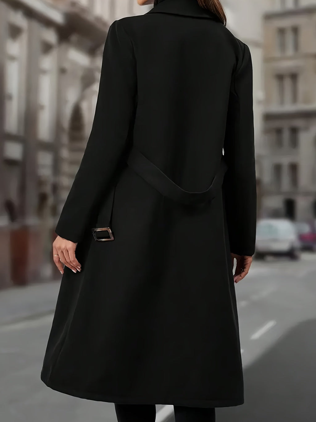 Double-Breasted Long Coat Women's Black Lapel Overcoat with Pockets – Office, Casual, Winter