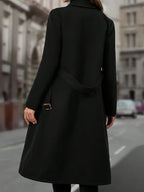 Double-Breasted Long Coat Women's Black Lapel Overcoat with Pockets – Office, Casual, Winter