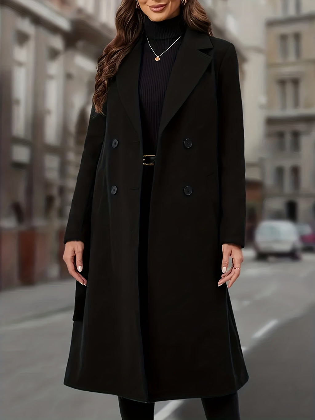 Double-Breasted Long Coat Women's Black Lapel Overcoat with Pockets – Office, Casual, Winter