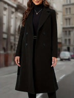 Double-Breasted Long Coat Women's Black Lapel Overcoat with Pockets – Office, Casual, Winter