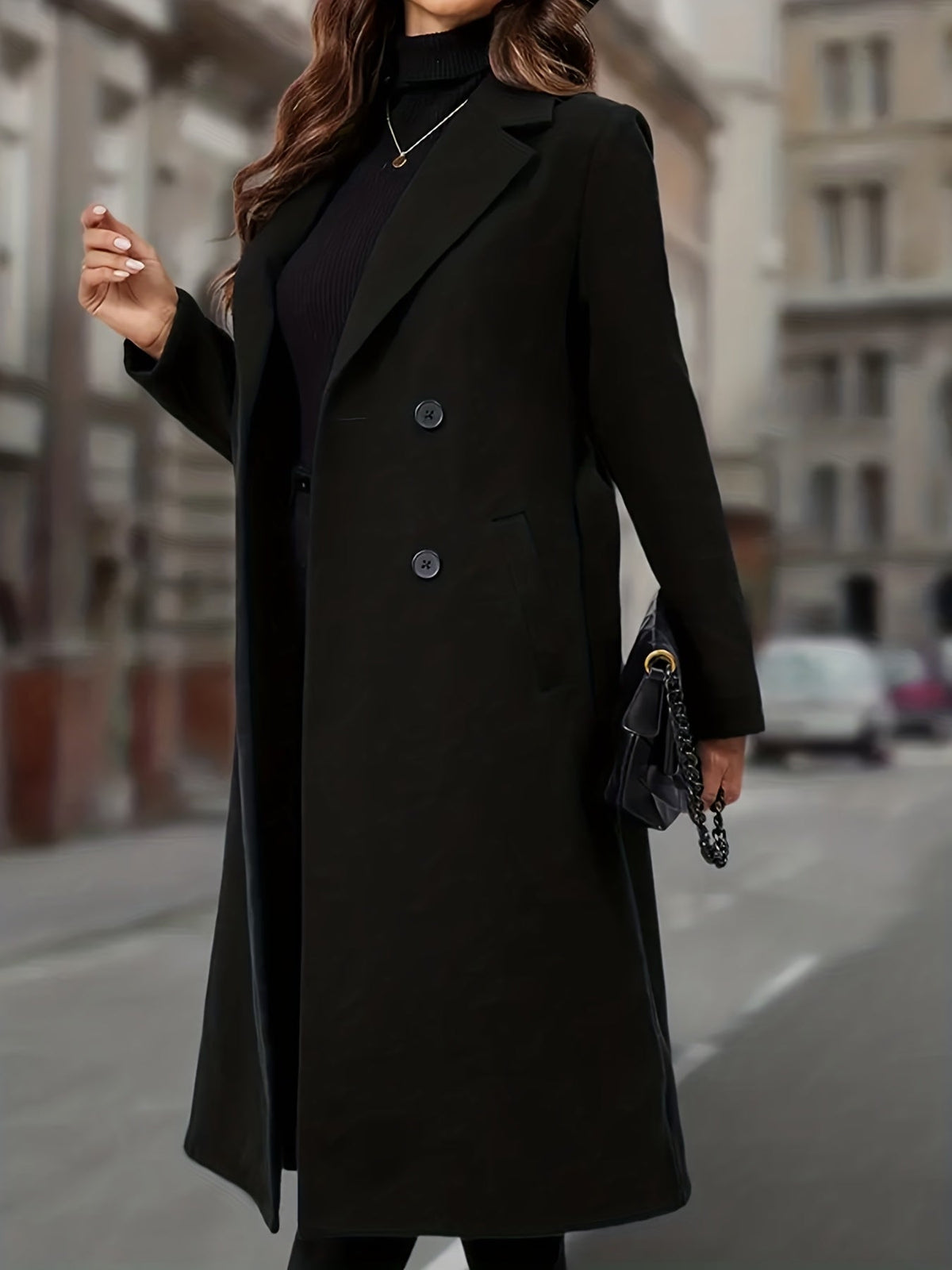 Double-Breasted Long Coat Women's Black Lapel Overcoat with Pockets – Office, Casual, Winter
