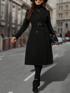 Double-Breasted Long Coat Women's Black Lapel Overcoat with Pockets – Office, Casual, Winter