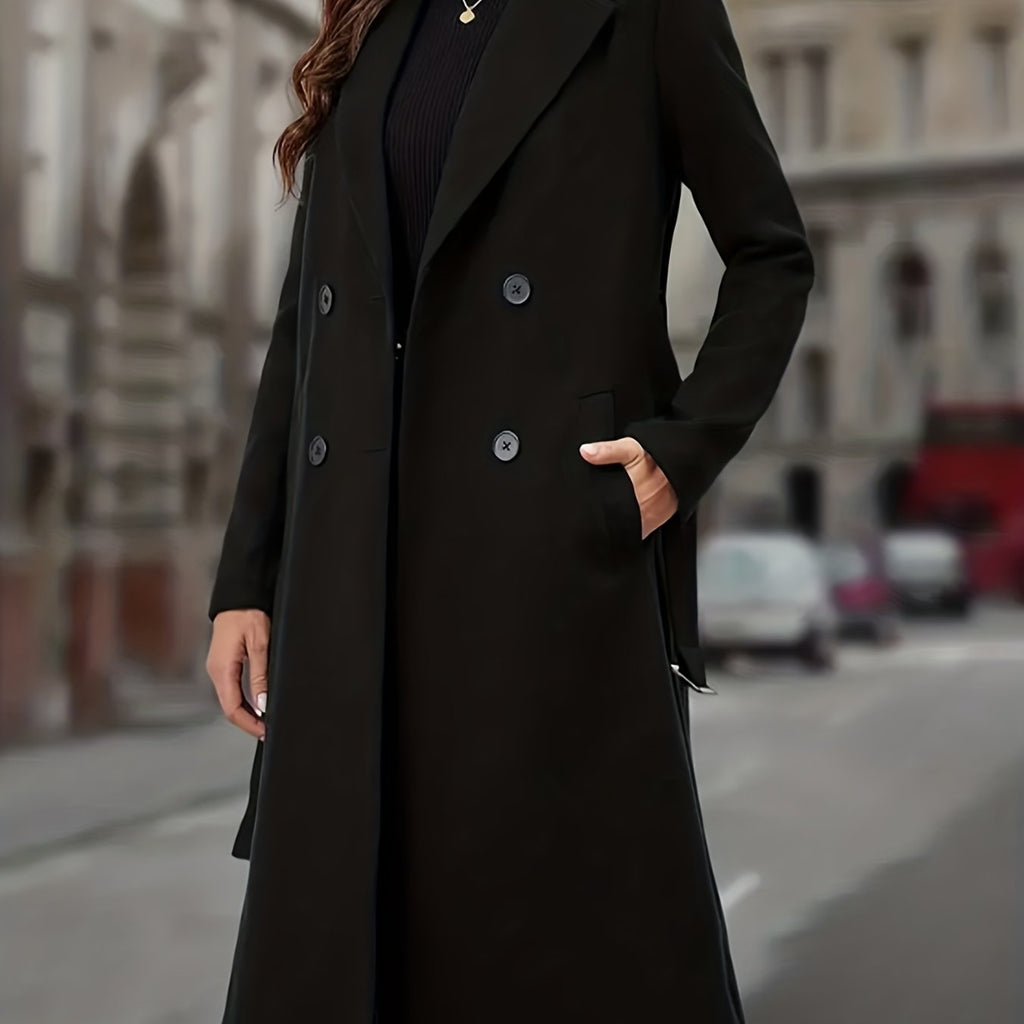 Double-Breasted Long Coat Women's Black Lapel Overcoat with Pockets – Office, Casual, Winter