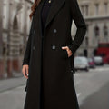 Double-Breasted Long Coat Women's Black Lapel Overcoat with Pockets – Office, Casual, Winter