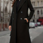 Double-Breasted Long Coat Women's Black Lapel Overcoat with Pockets – Office, Casual, Winter