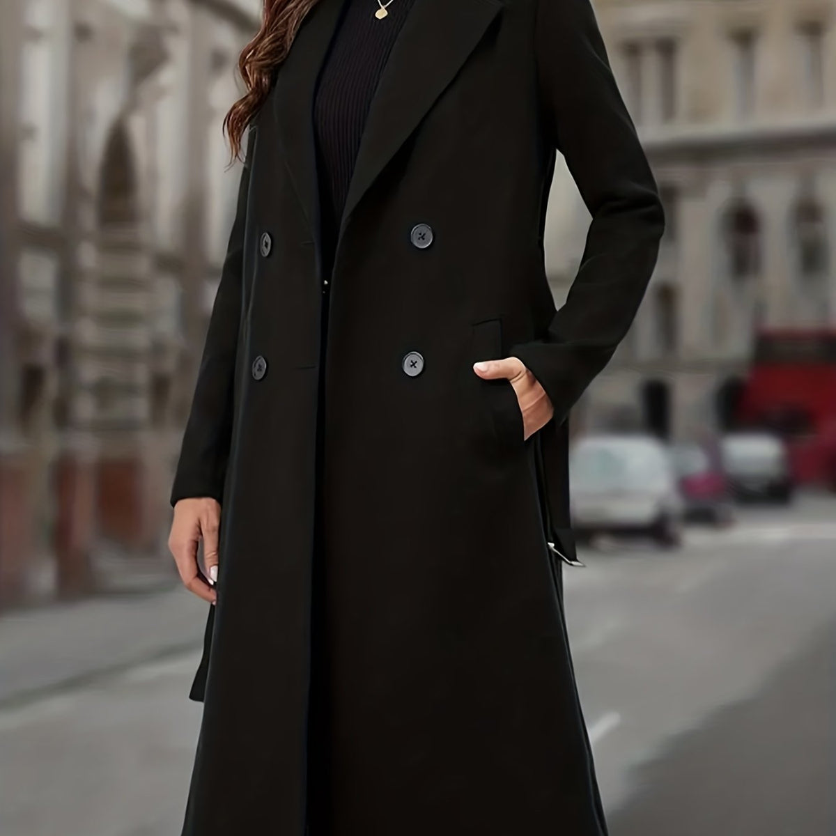 Double-Breasted Long Coat Women's Black Lapel Overcoat with Pockets – Office, Casual, Winter