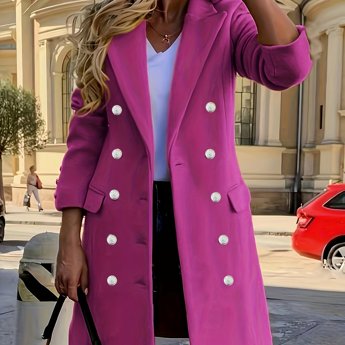 Double-Breasted Longline Coat Women's Lapel Long Sleeve Overcoat – Office, Casual Everyday Outerwear