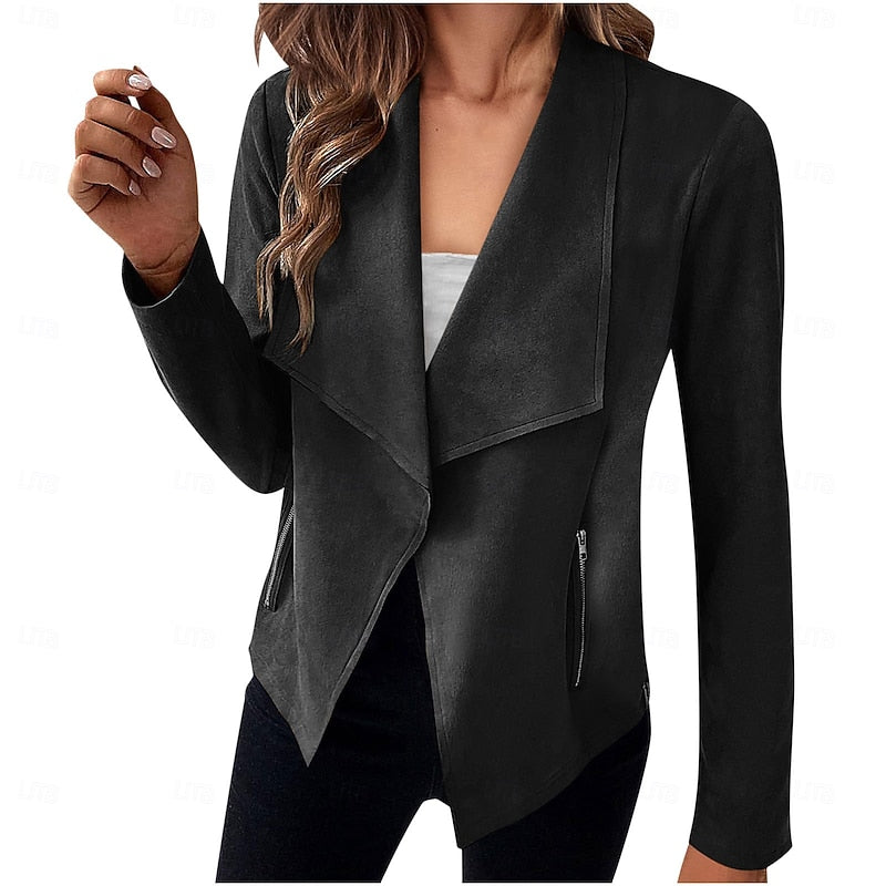 Draped Open-Front Jacket Women's Suede Long Sleeve Waterfall Lapel Blazer – Casual, Office