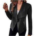 Draped Open-Front Jacket Women's Suede Long Sleeve Waterfall Lapel Blazer – Casual, Office