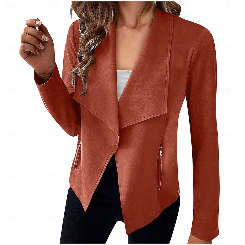 Draped Open-Front Jacket Women's Suede Long Sleeve Waterfall Lapel Blazer – Casual, Office