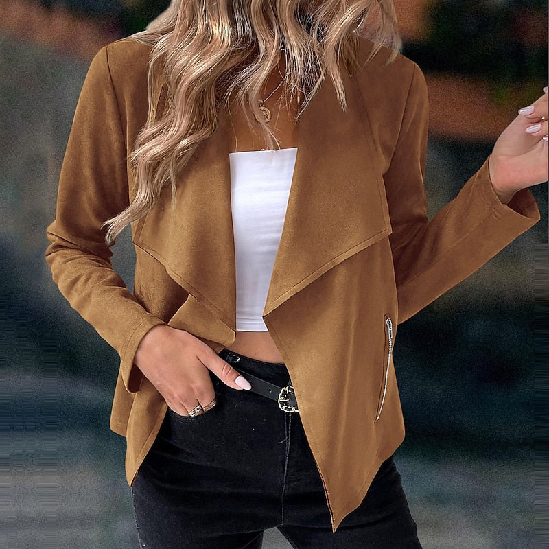 Draped Open-Front Jacket Women's Suede Long Sleeve Waterfall Lapel Blazer – Casual, Office