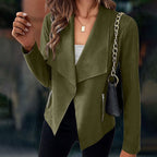 Draped Open-Front Jacket Women's Suede Long Sleeve Waterfall Lapel Blazer – Casual, Office