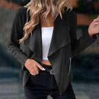 Draped Open-Front Jacket Women's Suede Long Sleeve Waterfall Lapel Blazer – Casual, Office