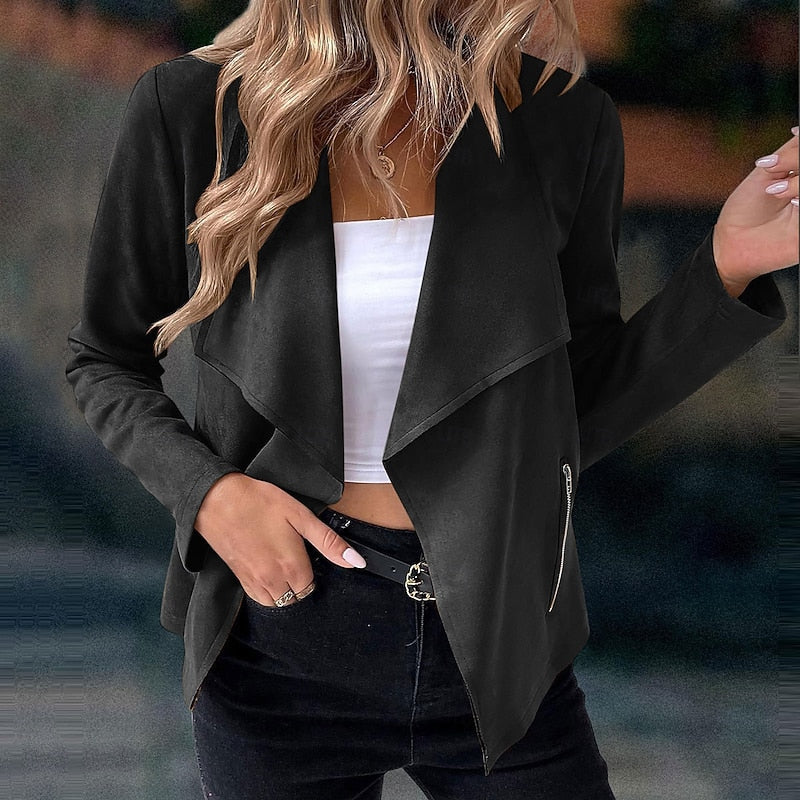Draped Open-Front Jacket Women's Suede Long Sleeve Waterfall Lapel Blazer – Casual, Office