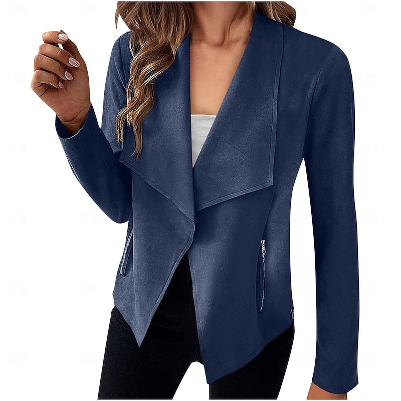 Draped Open-Front Jacket Women's Suede Long Sleeve Waterfall Lapel Blazer – Casual, Office