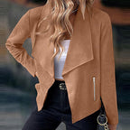 Draped Open-Front Jacket Women's Suede Long Sleeve Waterfall Lapel Blazer – Casual, Office
