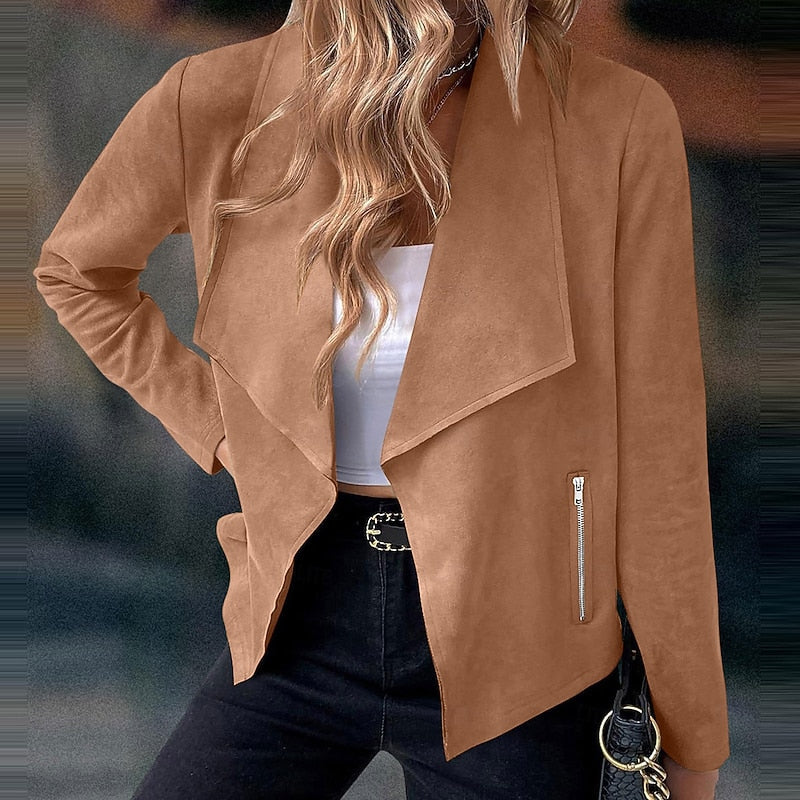 Draped Open-Front Jacket Women's Suede Long Sleeve Waterfall Lapel Blazer – Casual, Office