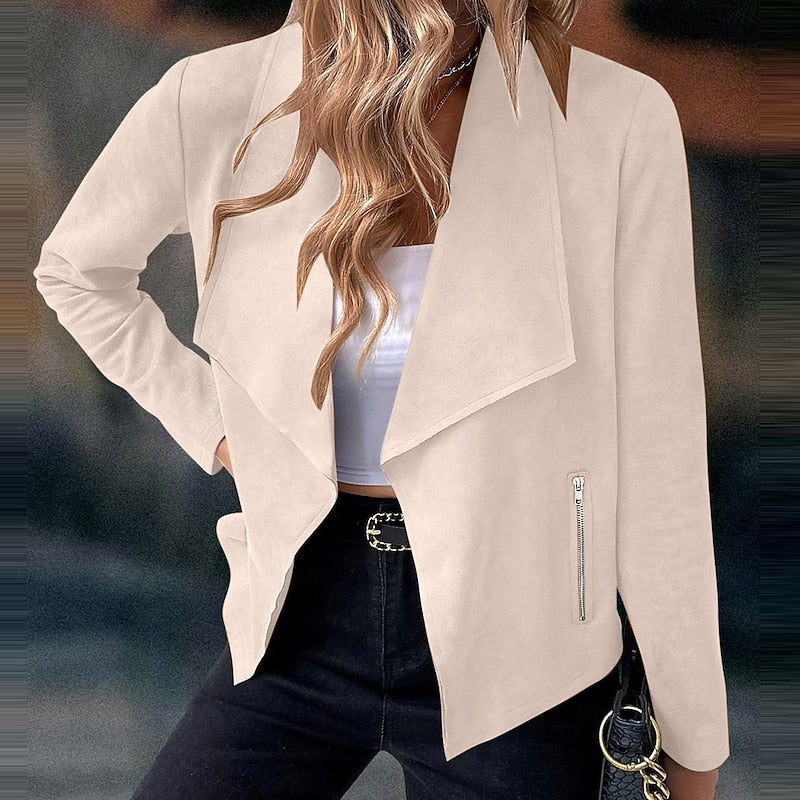 Draped Open-Front Jacket Women's Suede Long Sleeve Waterfall Lapel Blazer – Casual, Office